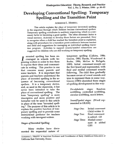 Developing Conventional Spelling: Temporary Spelling and the Transition Point, Adrienne Herrell